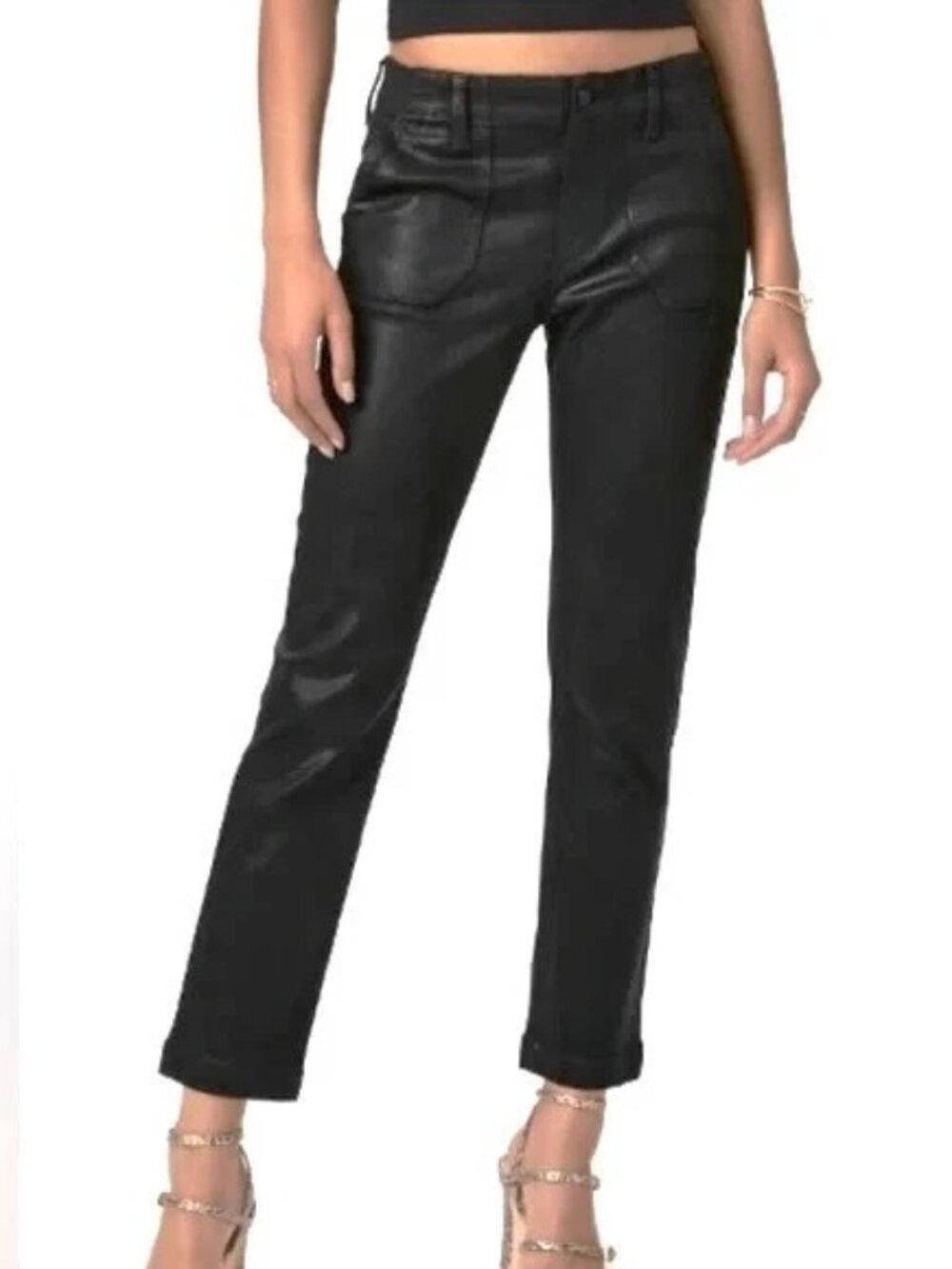 NWOT Paige Mayslie Coated Black Straight Ankle Jeans Utility Pockets Stretch 33